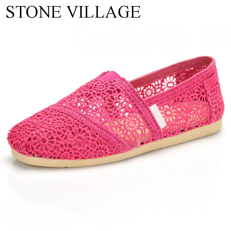

STONE VILLAGE Candy Color Lace Hollow-Out Cotton Flats Shoes Women Flat Heel Shoes Woman Casual Female Driving Ballet Footwear