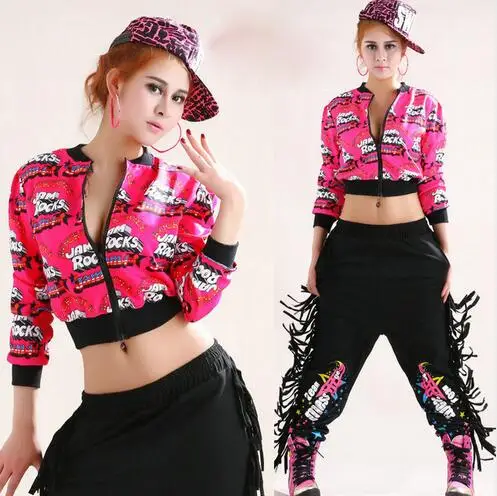 

2017 New fashion Jazz ds harem women top women clothing loose ultra-short Tops neon doodle jackets hip hop dance costume outwear
