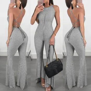 

2018 New Women Striped Jumpsuit Summer Lady Sleeveless Backless Playsuit Evening Party Wide Leg Flare Long Trousers Romper