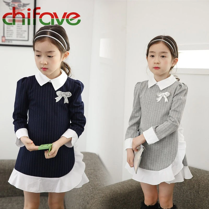 

2016 New Spring Autumn Girls Children Ruffles Long Sleeve Dress Turn-down Collar Stripe Pattern with Bow Fashion Dress for Girls