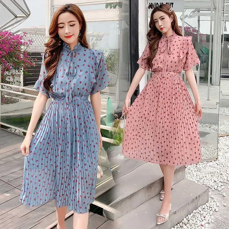 

Summer Women Long Dress Chiffon Dress Bow Collar Polka Dot Dress Sweet Elegant Pleated Party Dress