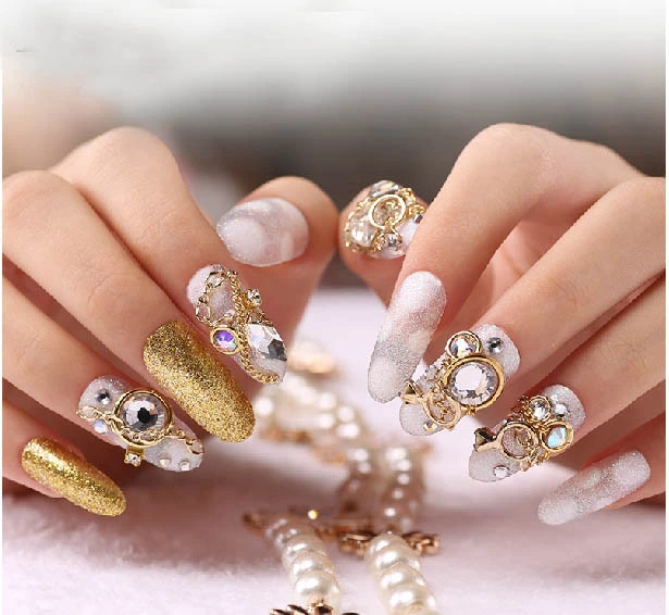 New Design Long Full Cover False Nails 3d Flower Bling Bling Fake Nail Art Bride Nails Decoration Salon Makeup Tools Hot Sale Aliexpress