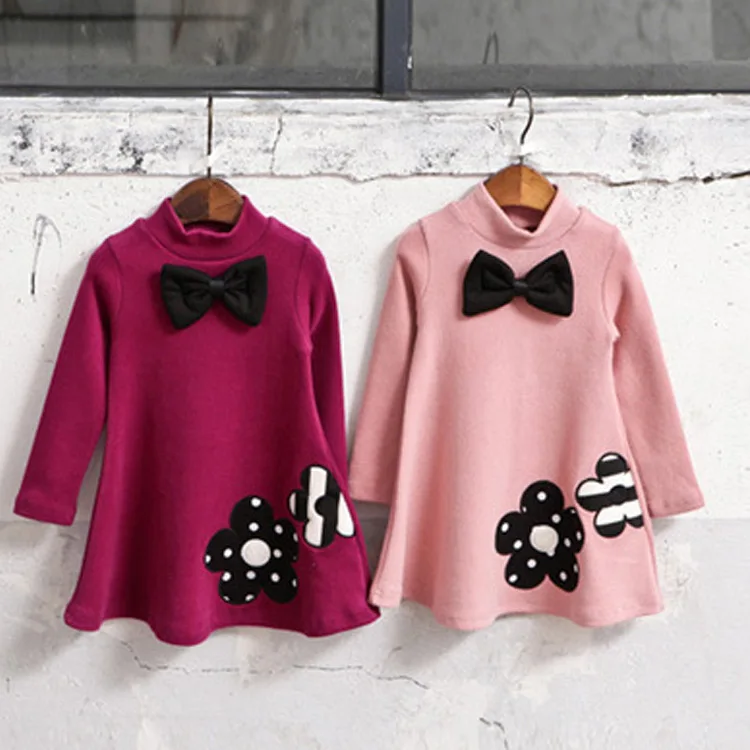 

Girls Autumn winter thick dress fashion Pure cotton velvet Embroidered Princess Dress Butterfly Tie turtleneck baby kids clothes