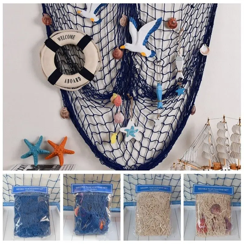 

1*2M Fish Net Hanging Ornaments Mediterranean Style 3D Nautical Ocean Theme Home Fishing Net Wall Decor Marine Hanging Props