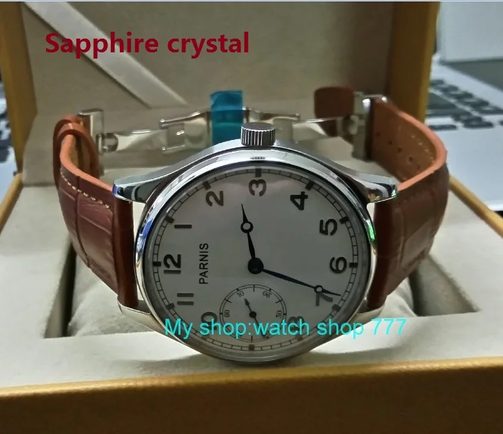 

Sapphire crystal butterfly buckle PARNIS white dial blue hands 17 jewels ST3600 Mechanical Hand Wind movement Men's watches 108