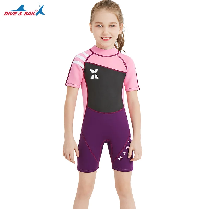

2018 Spring Neoprene Wetsuits for Kids Boys Girls Back Zipper One Piece Shorty Swimwear UV Protection 2.5mm Swimming Suit Pink