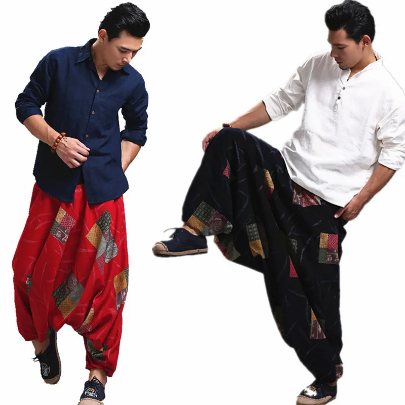 Men Ethnic Pants Spring Autumn High Quality Indian Nepalese Style Costumes Yoga Casual Broad-legged Printed Linen Elastic Pants