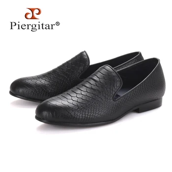 

Piergitar fashion shoes using crocodile grain leather, black or navy blue color, handmade Prom and Banquet loafers men flats
