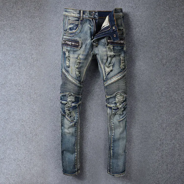 New Fashion High Quality Brand Distressed Skinny biker Jeans Men Cotton ...