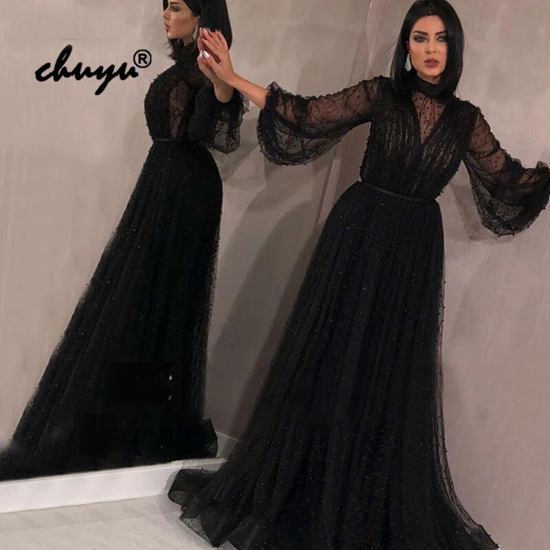 

Muslim Evening Dresses Long Sleeves Lantern A-Line Tulle Beads Illusion Islamic Dubai Saudi Arabic Evening Gown Prom Dress