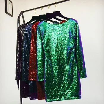 

2019 Spring Autumn Sequin Dress Women Sexy Nightclub Dazzle Shiny Little Sequins Back Deep V Collar Dress Ladies