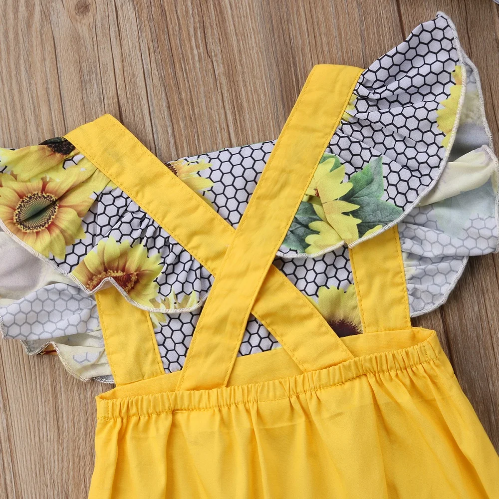 Мода для новорожденных милые детские девушки подсолнечника боди Цветочный комбинезон с короткими рукавами с рукавом-бабочкой женский
