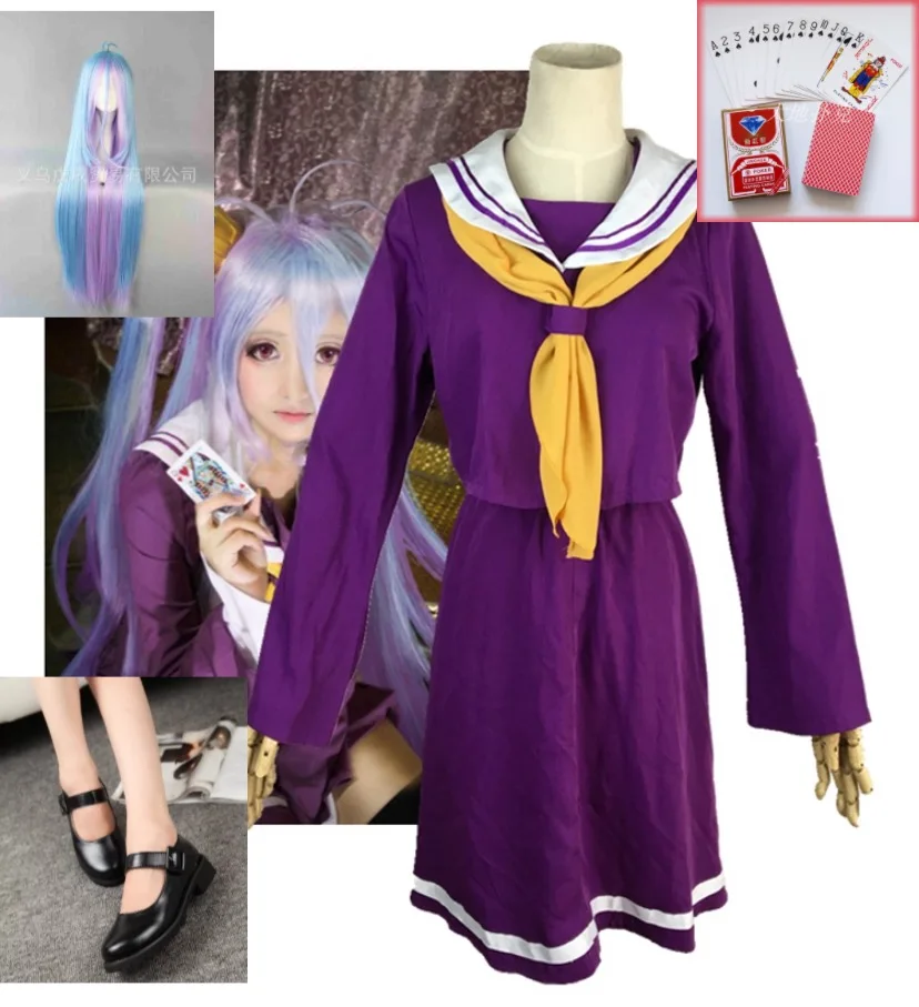 full set Горячая аниме COS белый Широ без игры Нет Жизни Косплей Морской Костюм Форма студента парик для женщин - Цвет: full set