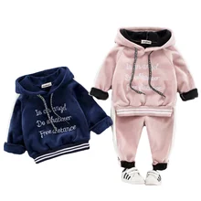 Осенне-зимний комплект детской одежды для мальчиков и девочек, детская повседневная плотная футболка с капюшоном и надписью спортивный костюм, одежда