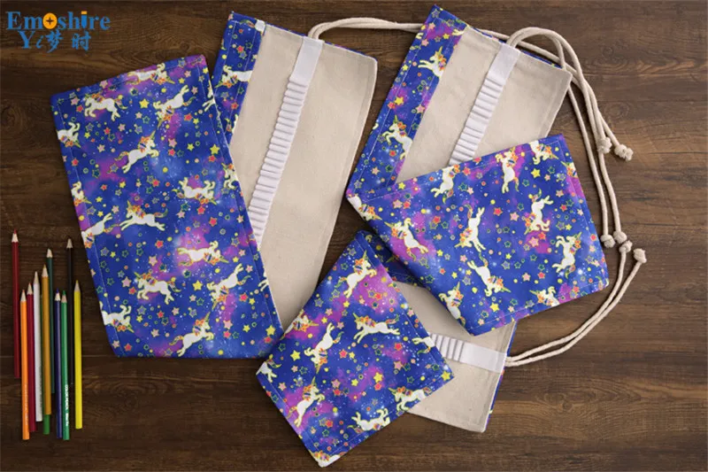 Emoshire New Unicorn canvas student painting curtains environmentally friendly non-toxic stationery storage pen bag wall tied rope (1)