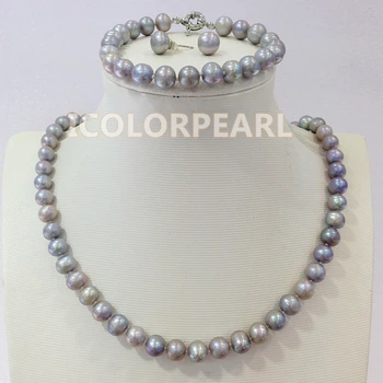 

WEICOLOR Nice 7-8mm Nearround Light/Silver Grey Real Cultured Natural Freshwater Pearl Jewelry Set. Best Gift For Mothers!