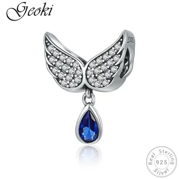 

Geoki fit Original Pandora Bracelet 925 Sterling Silver Blue Water-drop White Micro Cubic Zirconia Angel Wing Shaped Charms Bead