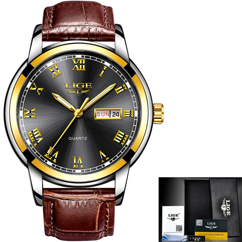 gold black leather LIGE часы мужские модные спортивные Кварцевые полностью стальные золотые деловые мужские s часы Лидирующий бренд Роскошные водонепроницаемые часы Relogio Masculino - Цвет: gold black leather