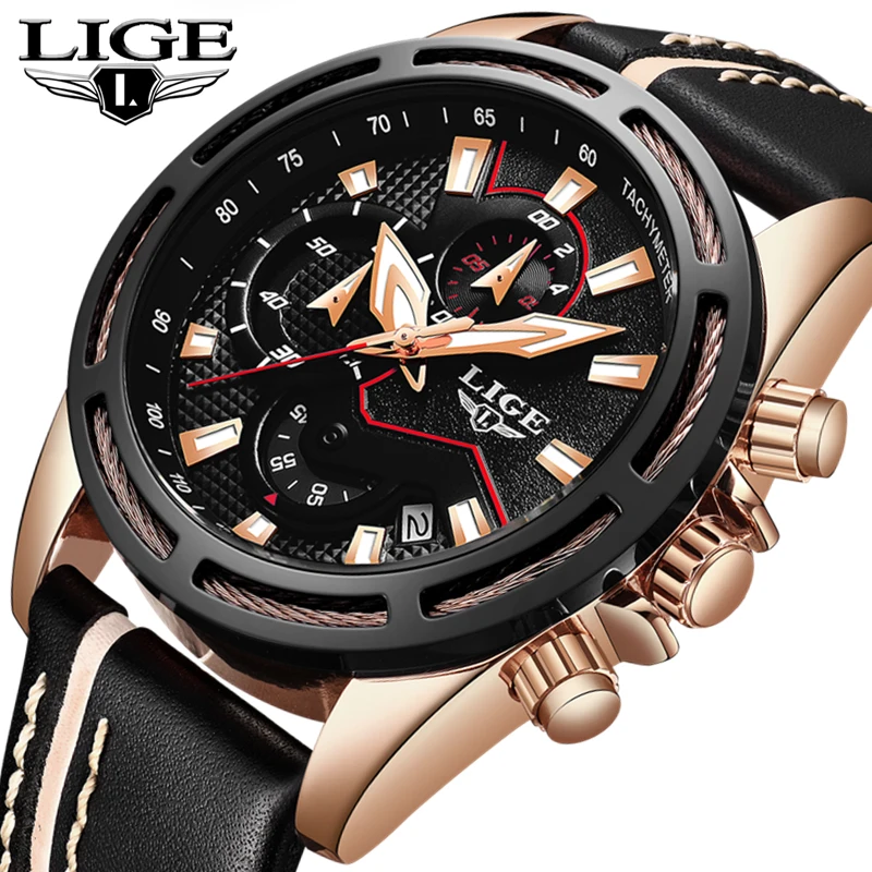 

LIGE Fashion Gold Waterproof Mens Watches Top Brand Luxury Quartz Watch Men Leather Chronograph Sports Watches Relogio Masculino