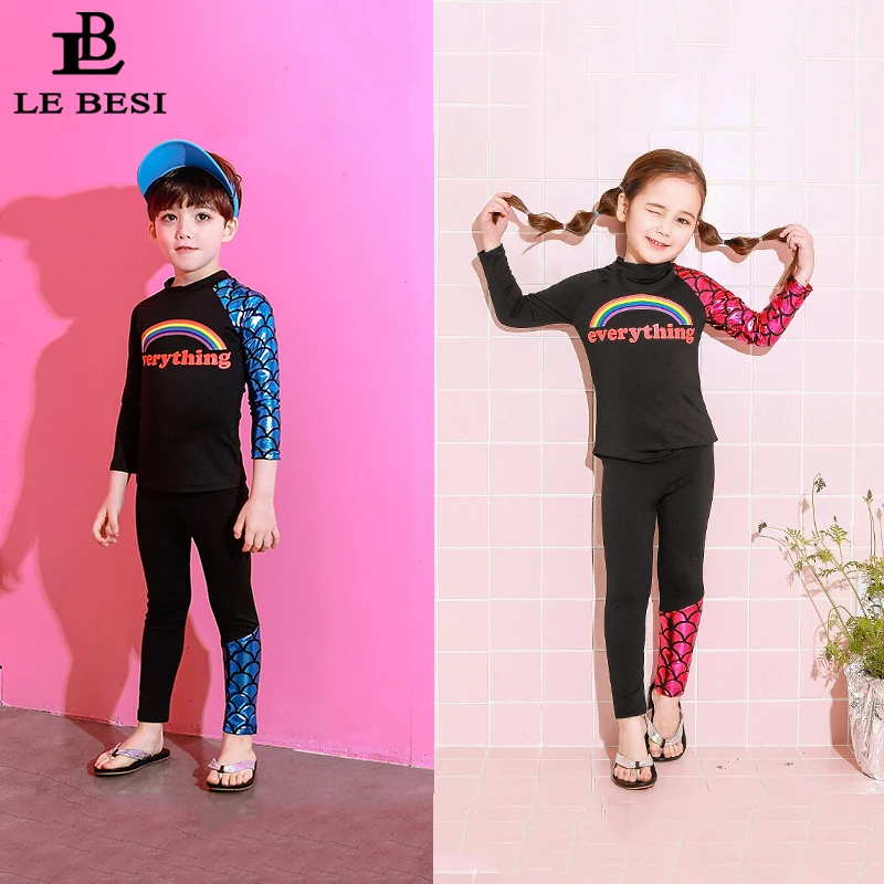 

LE BESI 2019 New Arrival Boys Kids Swimsuit Girls Two Piece Swimwear Separate Long Pants With Sleeve Children's Bathing suit