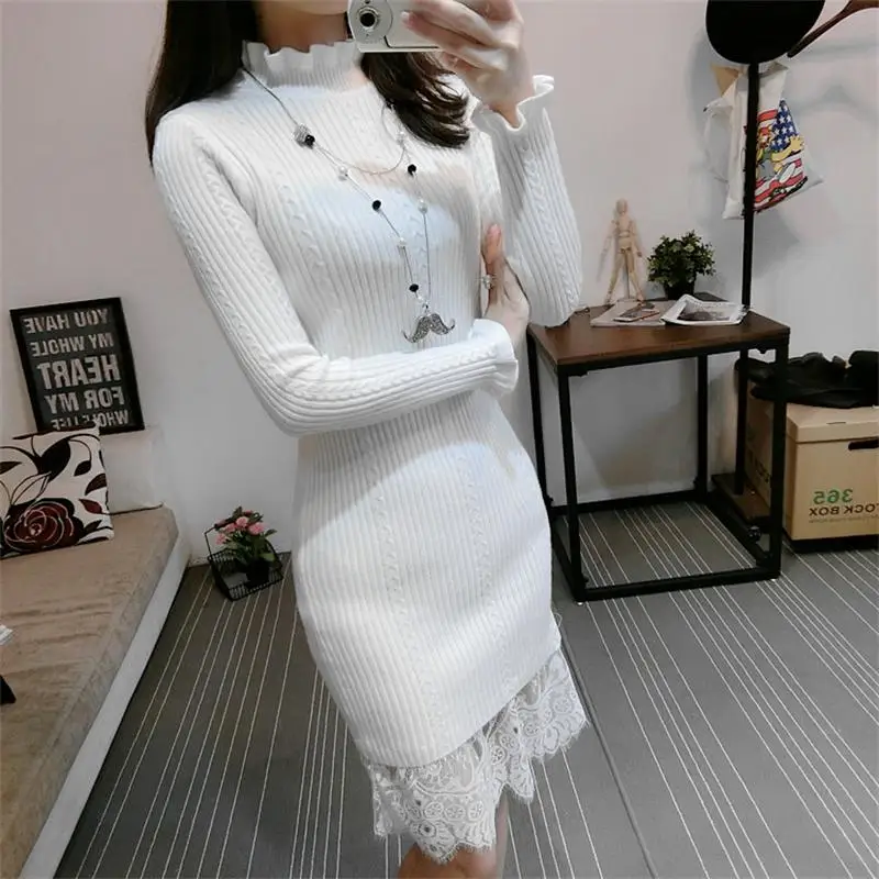 

2018 Spring loaded new fungus collar slim slimming lace knit sweater dress female fashion long-sleeved base skirt