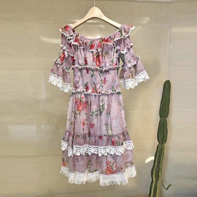

2019 Summer Vintage Floral Dress Women Off Shoulder Stretch Lace Hollow Out Patchwork Ruffle Sexy Flower Print Short Beach Dress