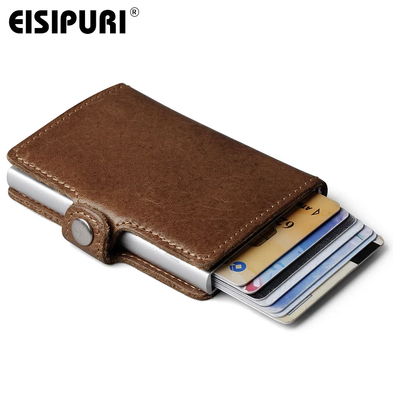 

EISIPURI Men Genuine Leather RFID Against Theft Brush Security Single Aluminum Box Wallet Credit Card Automatic Pop Up Card Case