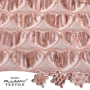 

100% Polyester rose gold glitter embroidered 5mm sequin tassel mesh fabric for dress