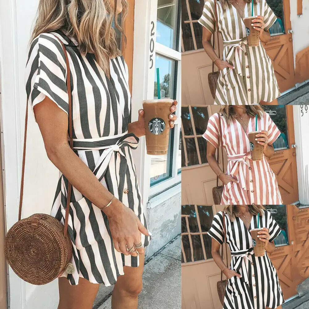 

Hot Women Summer Fashion Holiday Vacation Mini Slimmer Dress Button Bow Belt Stripe Loose Casual Clothes Sundress Simple S-XXL