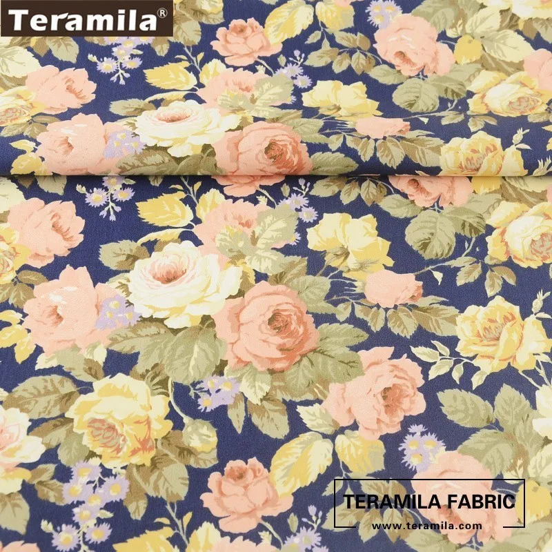 Teramila Fabric Cotton Blue Twill Material Bed Sheet Printed Blooming Flower Design Sewing Textile Scrapbooking Crafts CM