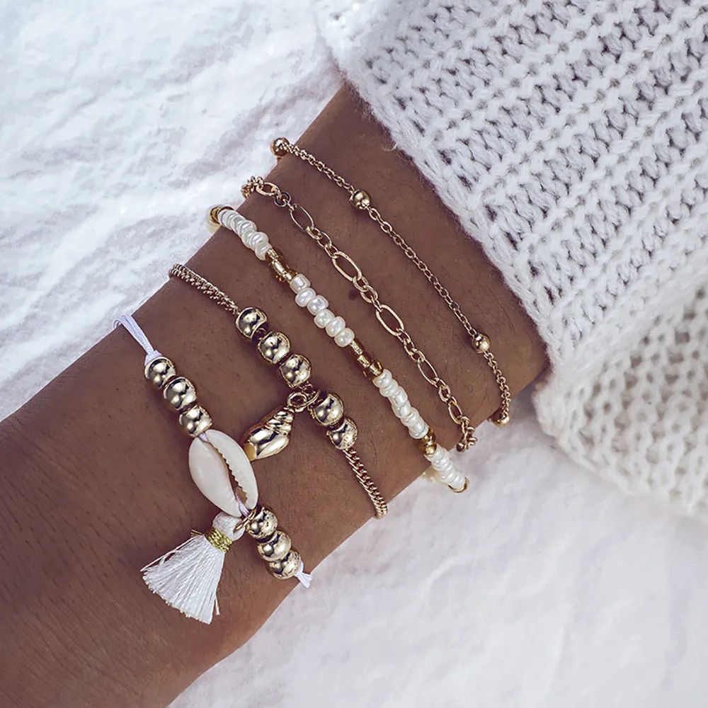 

5pcs Boho Style Women Geometric Conch Shell Beaded Tassel Chain Bracelets Five-piece Set for Women Jewelry Bijoux Drop Ship