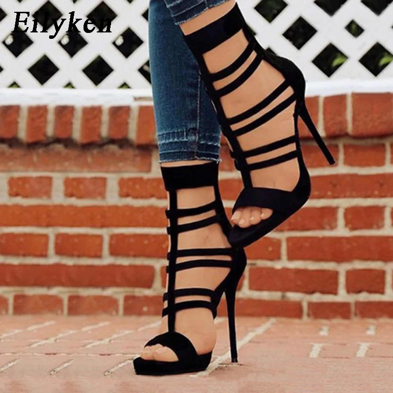 

Eilyken Fashion Gladiator Ankle Wrap High Heel Sandals Boots Sexy Zipper Women Open Toe Stiletto Sandals Party Shoes Black