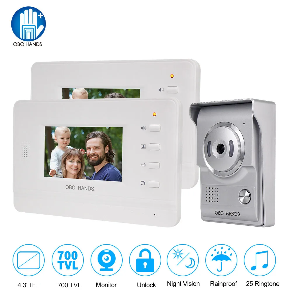 

4.3'' Color Screen Video Doorbell Door Phone for Home Speakerphone Intercom System With Waterproof Outdoor Camera 1/2/3 Monitor