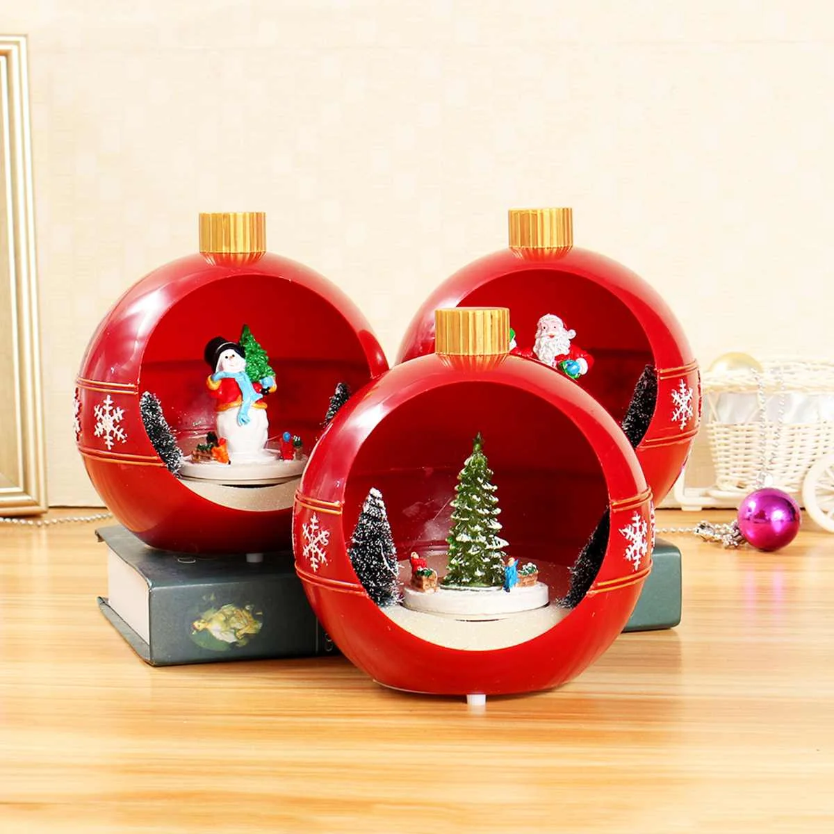 

Christmas Scene Ornaments Rotate Musical Music Box LED Light Decoration Birthday Gifts Music Boxes Red Round