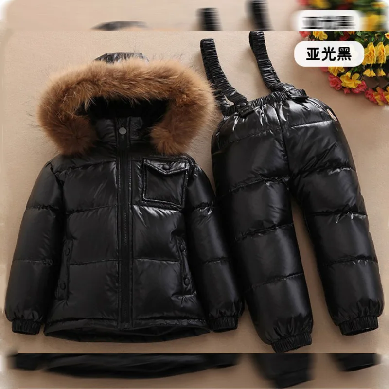 

Children's down jacket set winter new infant baby bib boy male child girl scorpion hair ski suit