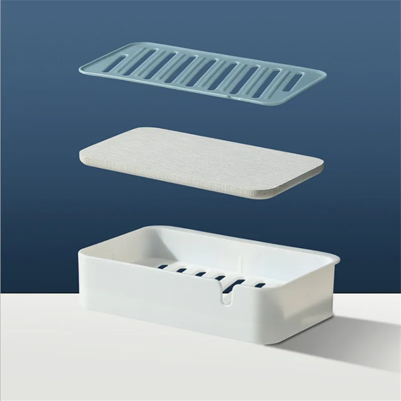 

FEIGO Blue Three Layer Drain Soap Holder Diatom Mud Water Absorbing Quick Drying Soapbox Punch Free Bathroom Accessories F869