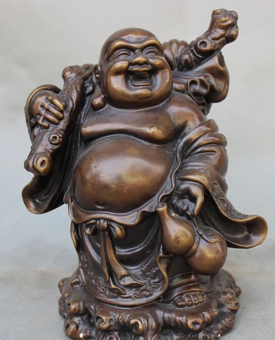 

S4730 Chinese Pure Bronze Bag Gourd Standing Happy Laughing Maitreya Buddha Statue D0317