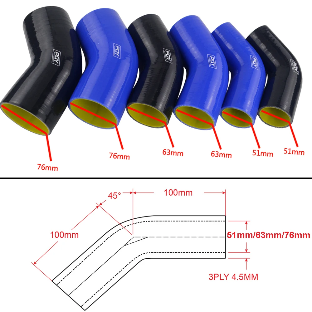 Синий/черный и желтый 2," 2,5" " 51 мм 63 мм 76 мм 45 градусов Локоть силиконовый шланг Труба интеркулер турбо впускная трубопроводная муфта шланг