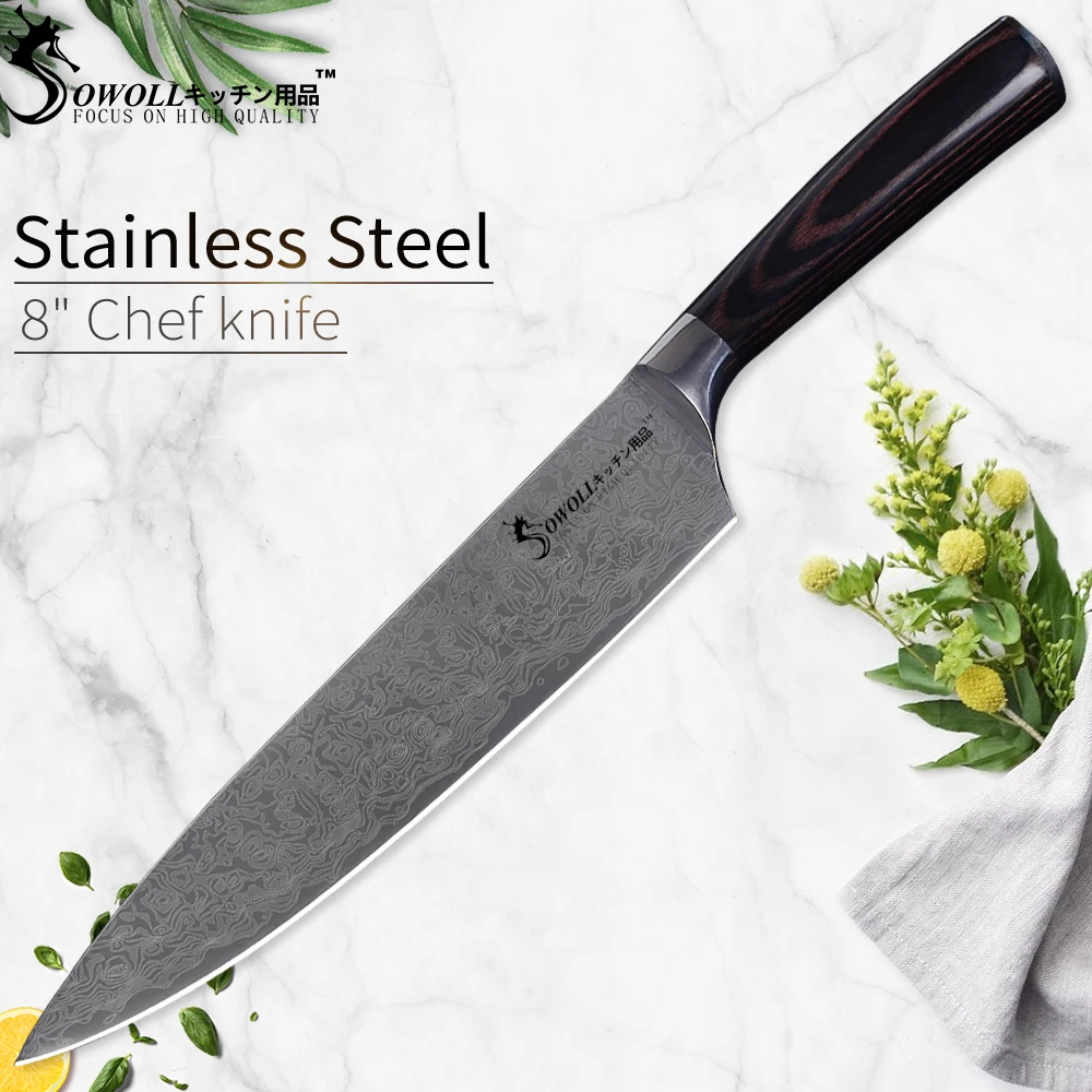 

Sowoll Kitchen Knives Set Stainless Steel Chef Slicing Santoku Utility Paring Knife Damascus Pattern Color Wood Handle Knife