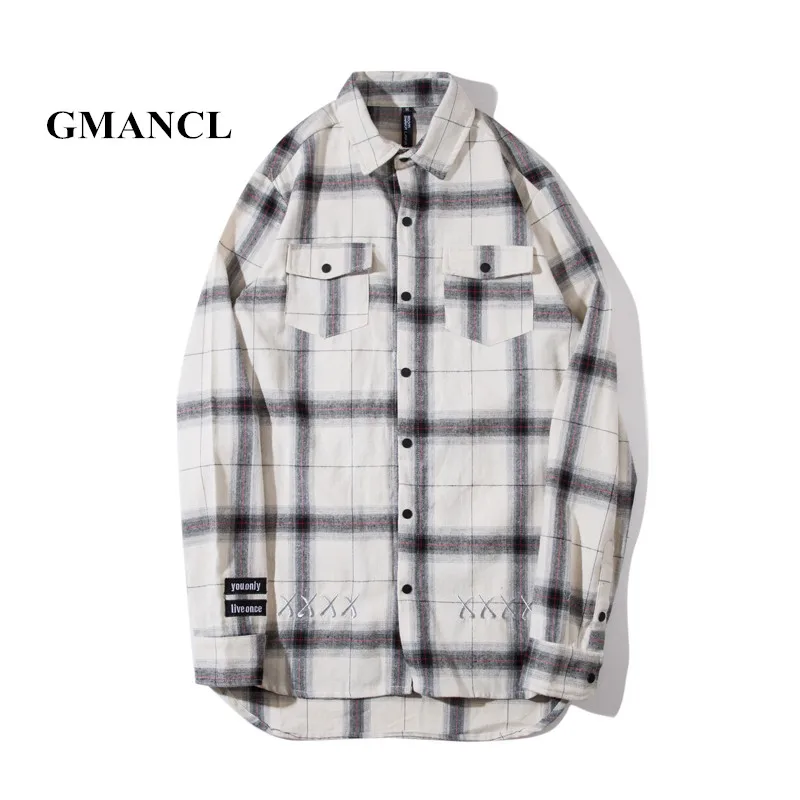 

GMANCL Mens 2017 Long Sleeve Loose Male Extended Shirts Lattice printed Camisa Masculina high quality embroidery Casual Shirts
