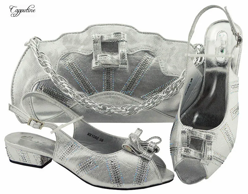 

New coming silver African medium heel party shoes and evening handbag sets for fashion lady MM1082 many color