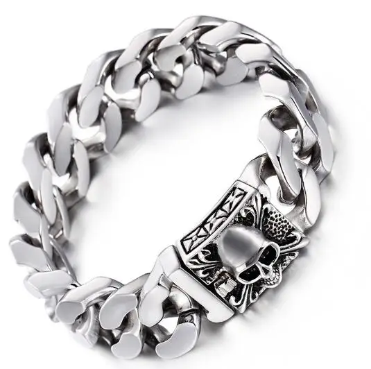 

High Quality Men's silver Tone Stainless Steel Cuban Curb Link Chain Skull Clasp Bracelet 20mm 9'' heavy 161g