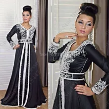 Robe De Soiree Dubai Kaftan Schwarz Muslimischen Abendkleid Langarm 2016 V Neck Perlen Prom Lange Kleider Abaya In Dubai Kaftan
