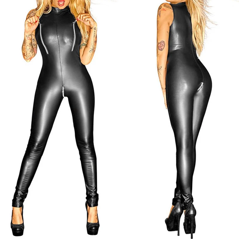 

Sexy Black Female Faux Leather Catsuit PVC Latex Bodysuit Front Zipper Open Crotch Stretch Clubwear Erotic Pole Dance Lingerie