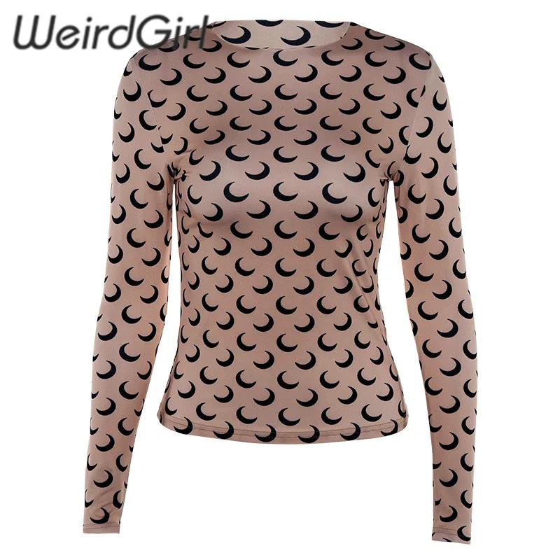 Weirdgirl, женская модная футболка с принтом Луны, обтягивающий свитер с длинным рукавом и круглым вырезом, женские новые, женские, домашние, вечерние, эластичные топы, летние, новинка - Цвет: Коричневый