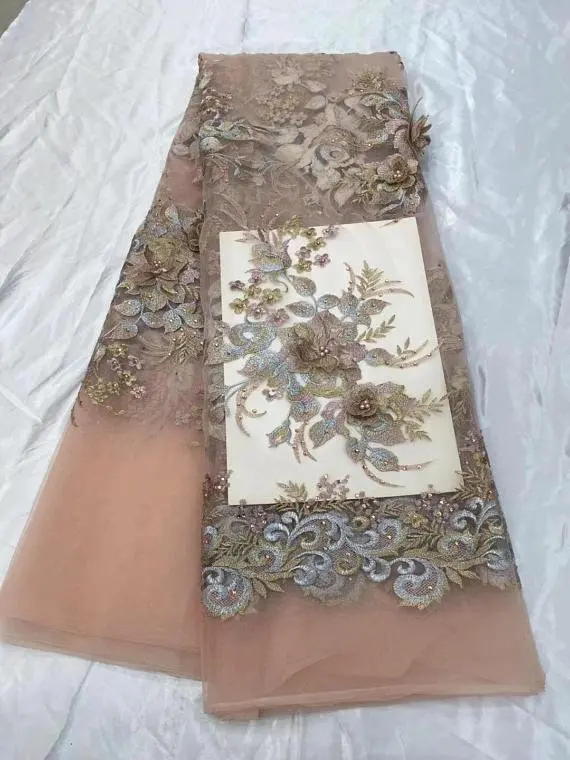 

khaki embroidered tulle lace fabric, multi-color lace fabric with florals, 3d heavy embroidered lace fabric, bead flesh tulle