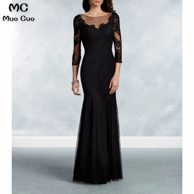 Elegant Mermaid 3 4 Length Sleeves Illusion Neckline Lace Long Mother of The Bride Dresses