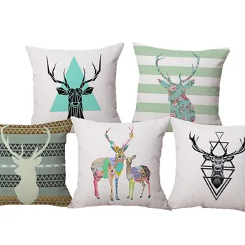 

Free Shipping Watercolor Deer Linen Cotton Pillow Gemotric Home Decor Cushion Trees Decorative Throw Pillows Sofa Pillow