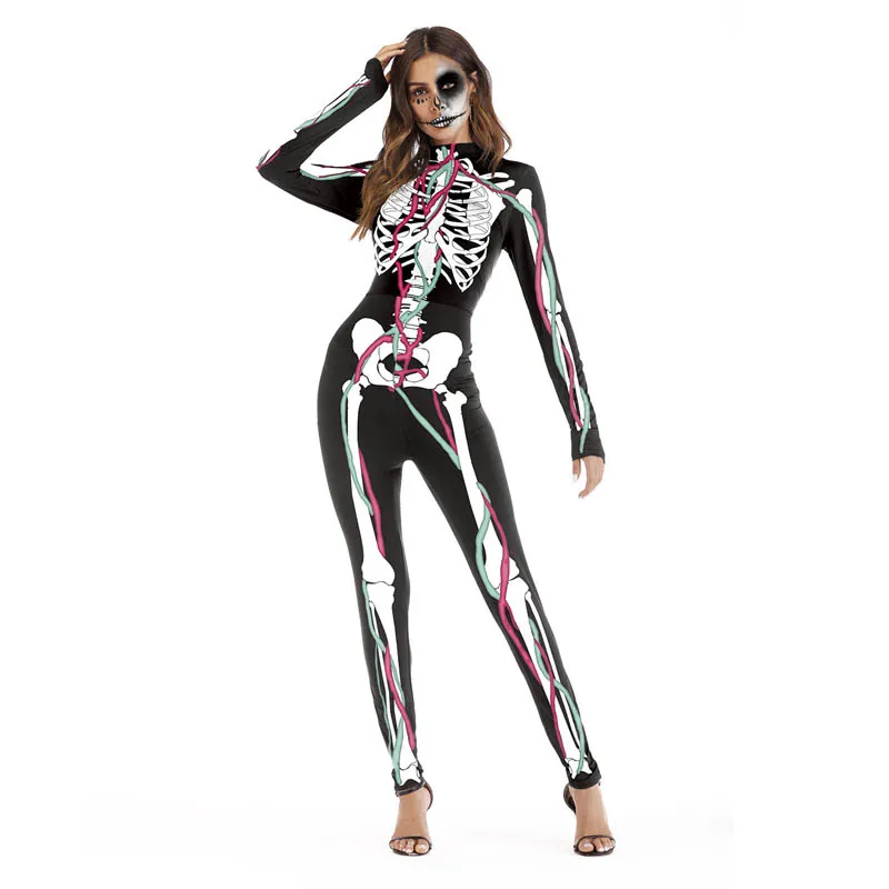 Women Bodysuits Halloween Party Costumes 3D Skull Ghost Clothes Adult Rose Printing Jumpsuits  (6)