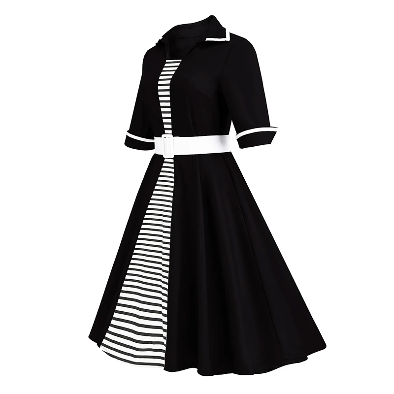 Kostlich Striped Women Autumn Dress 2017 Half Sleeve Audrey Hepburn 1950s Vintage Dress Belt Tunic Swing Party Dresses Plus Size (14)